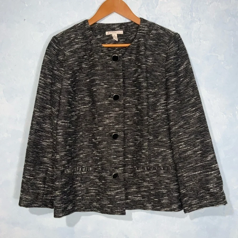 JM Collection Black & White Textured Button Front Blazer Business Classic 16P